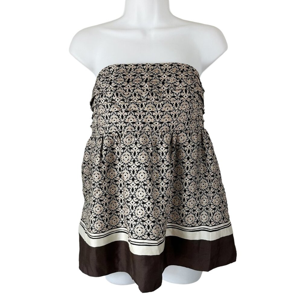 Banana Republic 100% Silk Strapless Top Brown Floral‎ 12P Petite